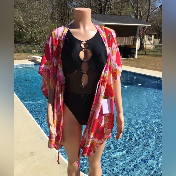 Room Mates Womens Red Floral Tie Front Kimono Swimsuit Cover Up - Picture 3 of 5